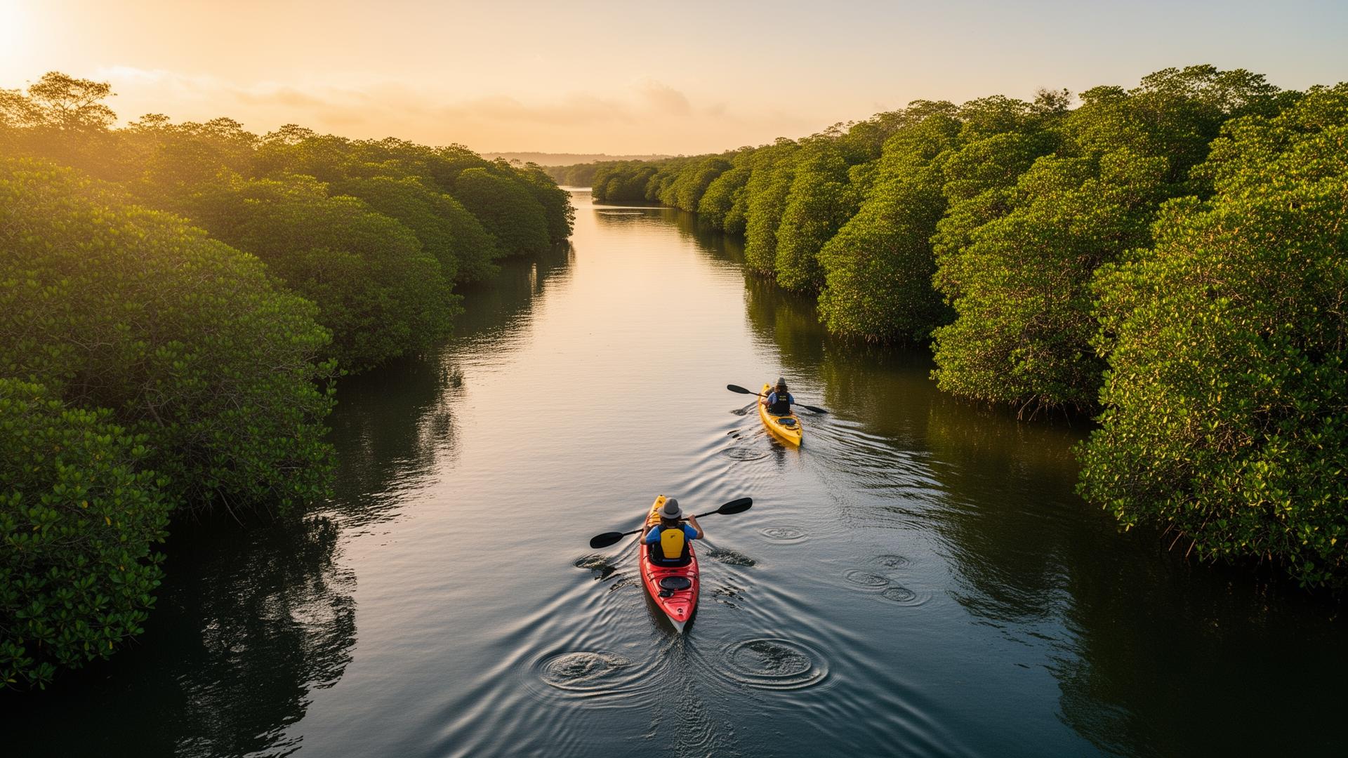 Aerial view of kayakers paddling through mangroves at golden hour in Saligrama, Udupi